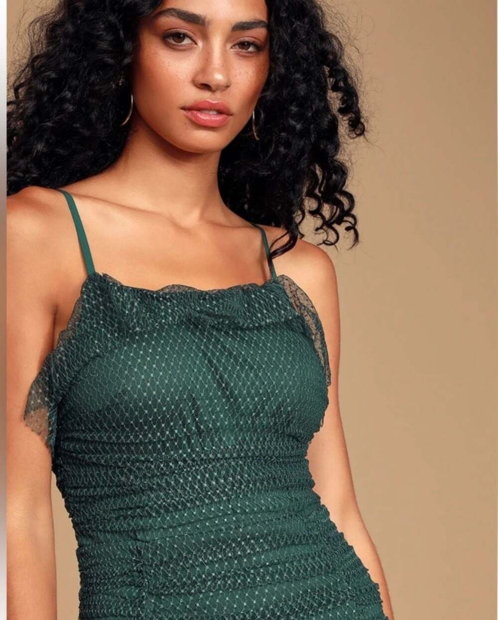 Lulus Green Mesh Ruched Ruffle Mini Dress - Picture 4 of 4